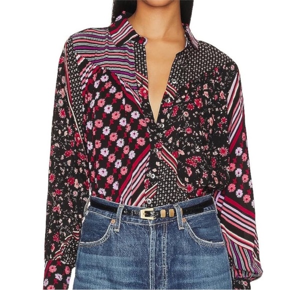 Free People Hazel Button Down Tunic Top Womens XS Black combo Floral Stripe Boho - Picture 1 of 6
